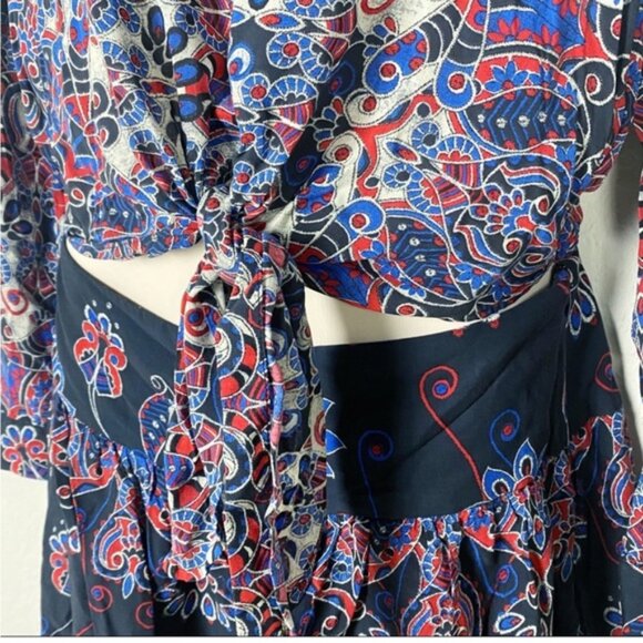 FARM RIO Paisley Snake Print Button Down Tie Front One Piece Romper - Picture 4 of 16